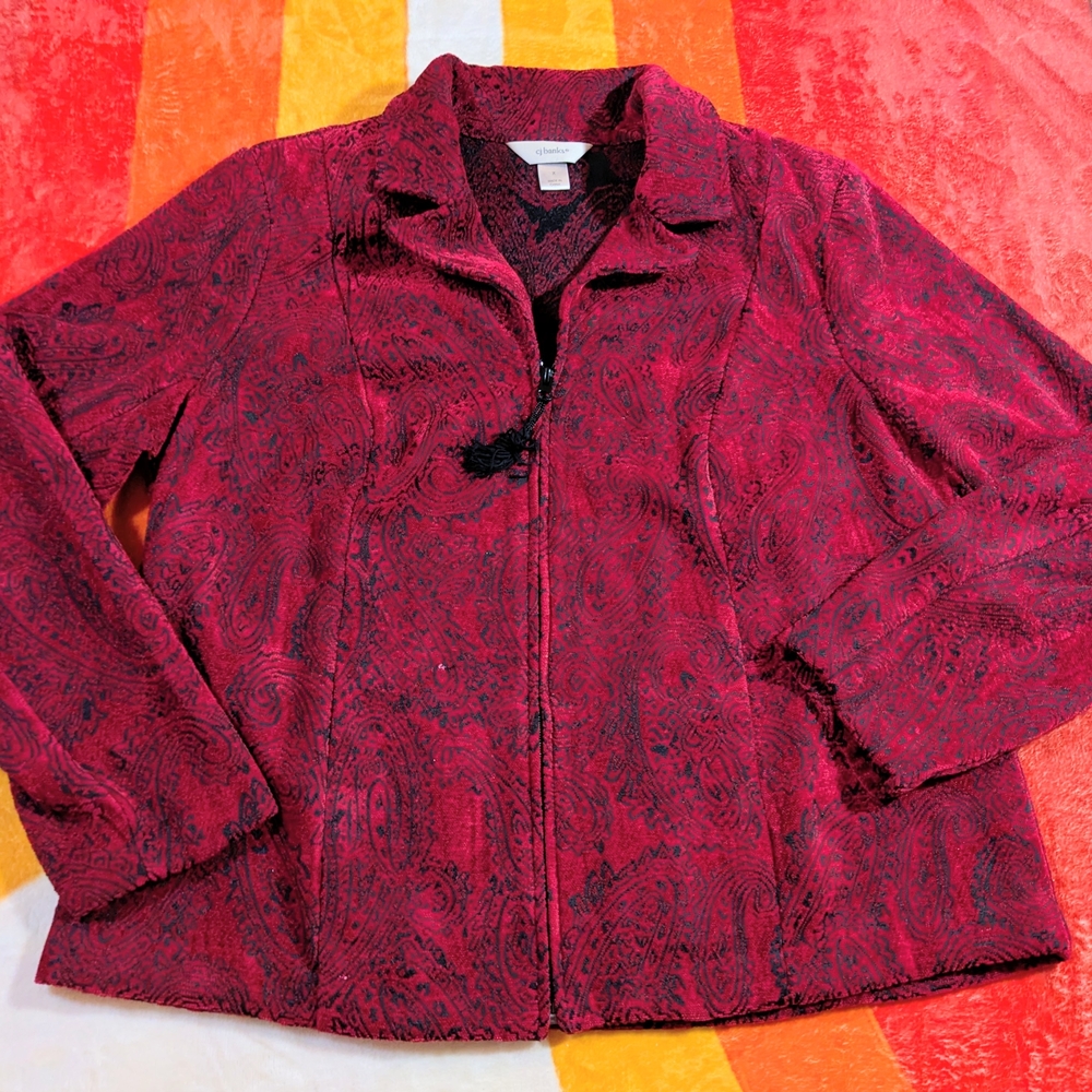CJ Banks Maroon Paisley Velvet Jacket Shacket, Size X Tapestry Boho Artsy